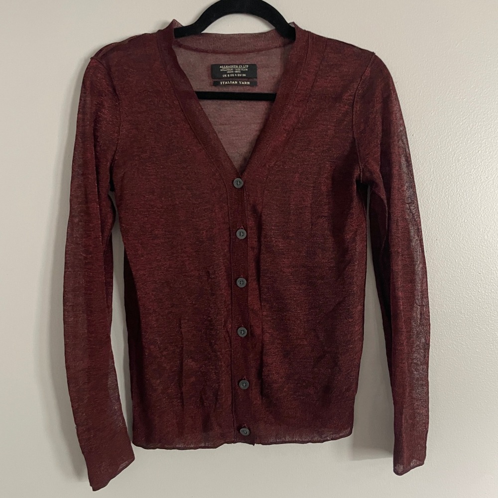 AllSaints Cardigan‎ Womens US 4 Burgundy Sheer Italian Yarn Knit Grunge Indie